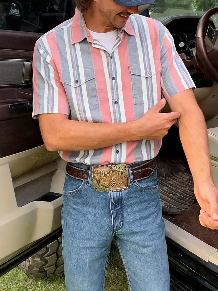 Men'S Western-Style Casual Pink And Blue Striped Shirt