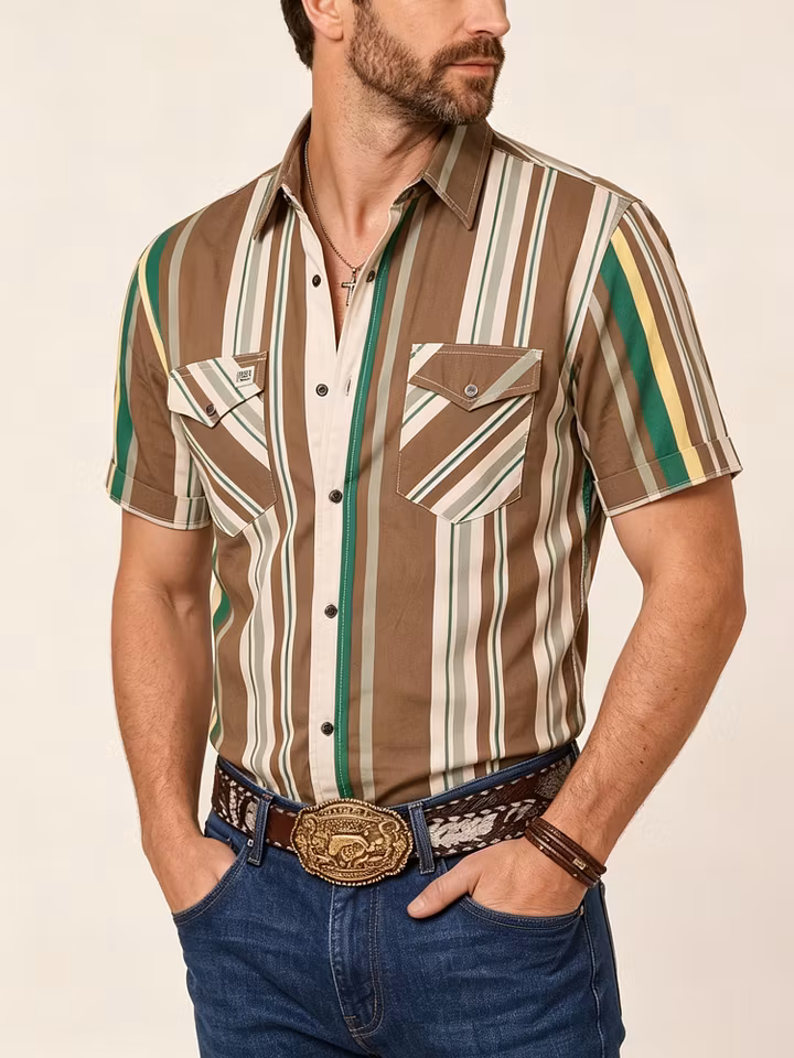 Western Outfits — Earthy Brown Retro Vertical Stripe Cotton Poplin Blouse