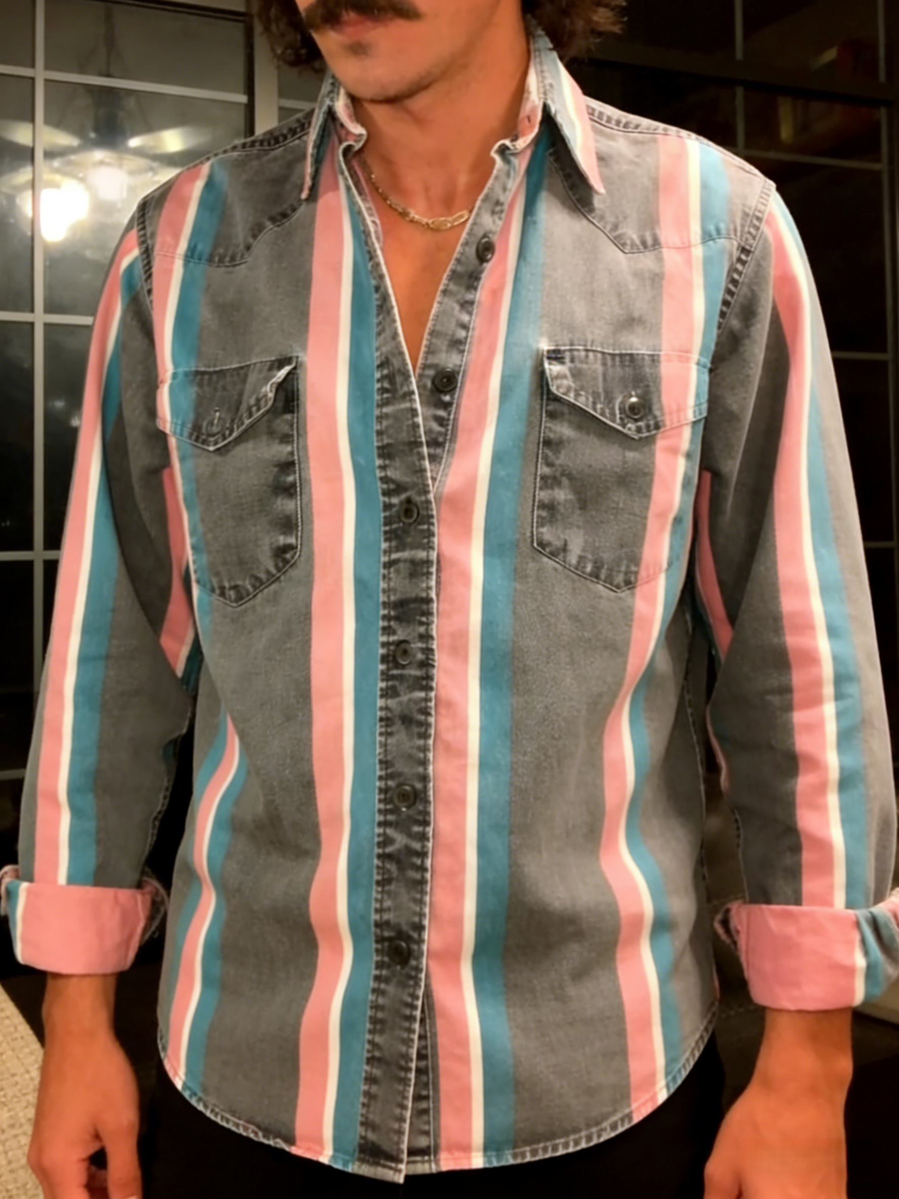 Men's Casual Western Gray Pink Striped Long Sleeve Shirt