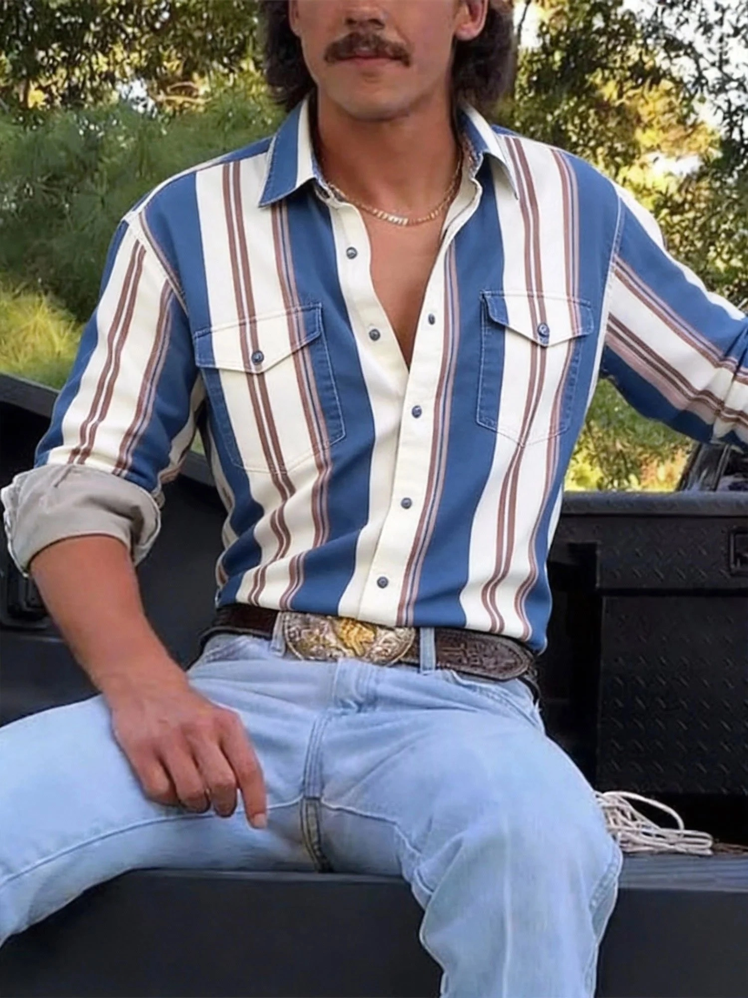 Men'S Western-Style Casual White And Blue Striped Shirt