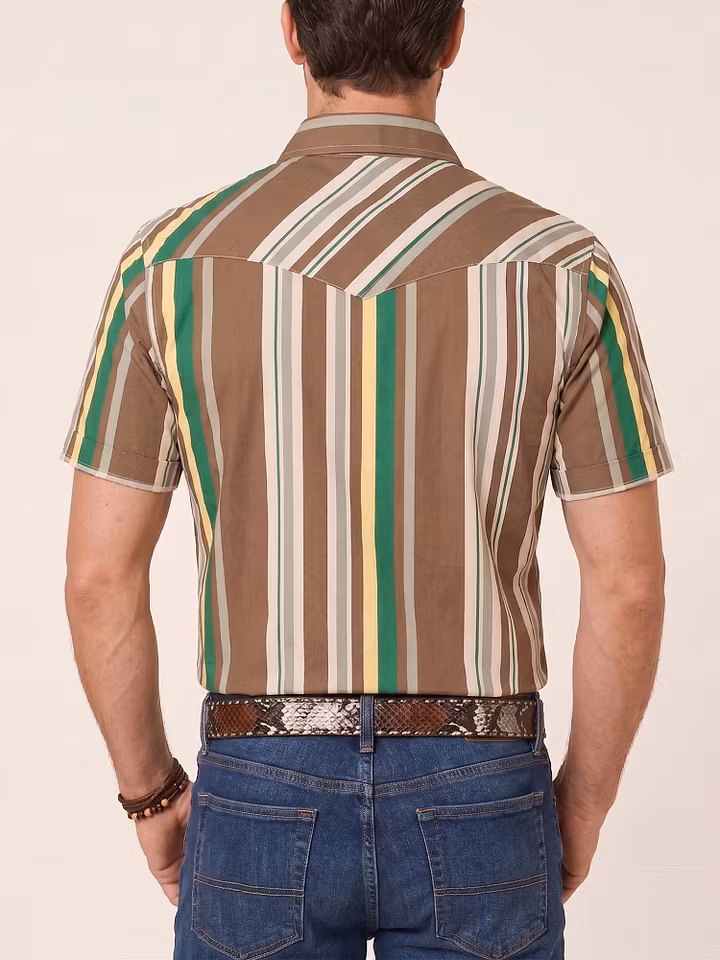 Western Outfits — Earthy Brown Retro Vertical Stripe Cotton Poplin Blouse