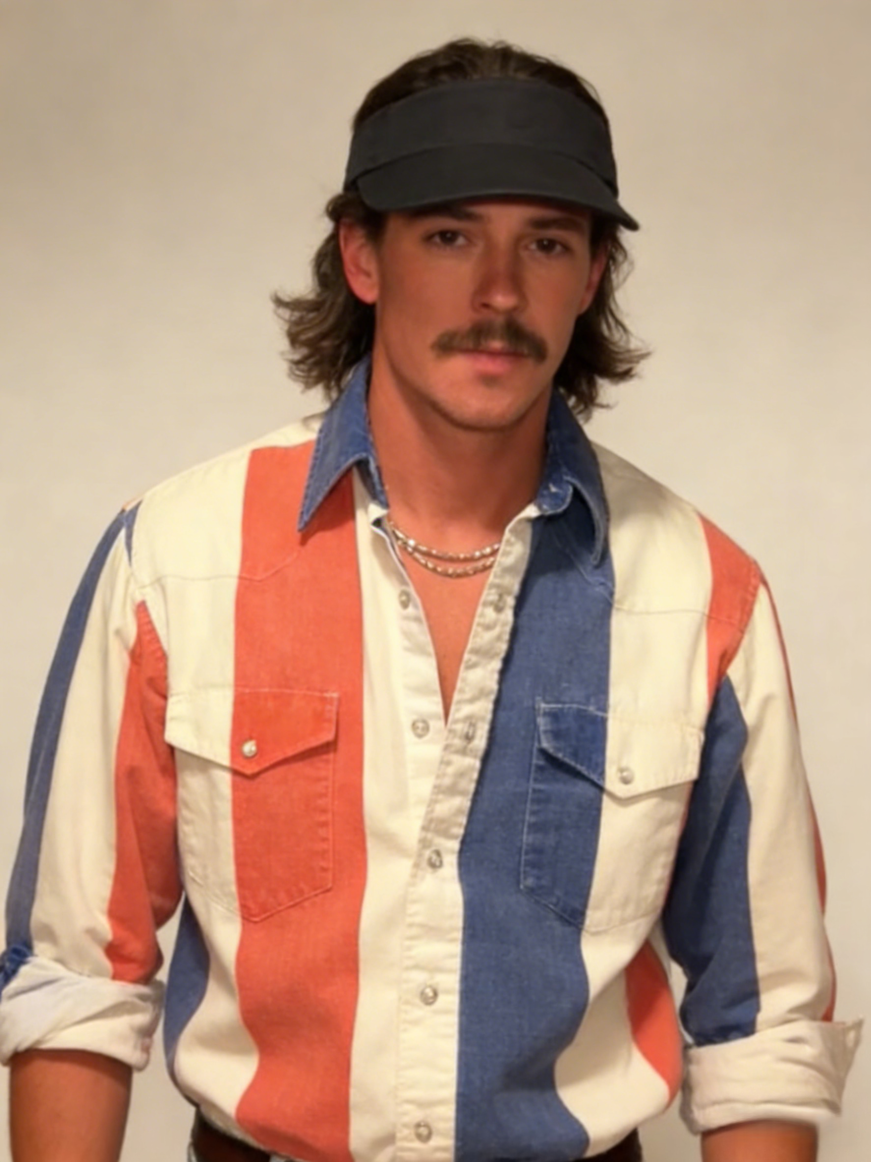 Men's Casual Western Blue White Orange Striped Long Sleeve Shirt