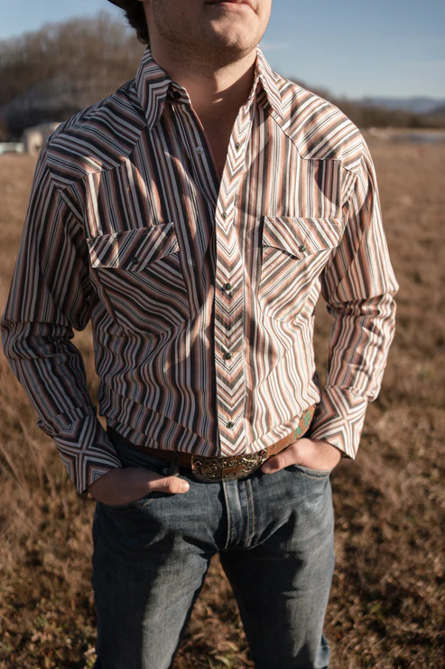 Retro Warm Tone Striped Western Shirt For Men