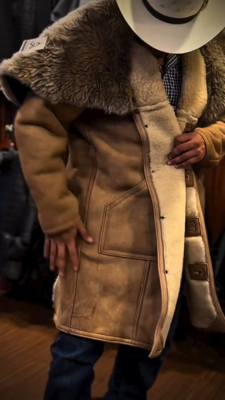 Vintage Shearling Lined Suede Western Coat with Wide Fur Collar