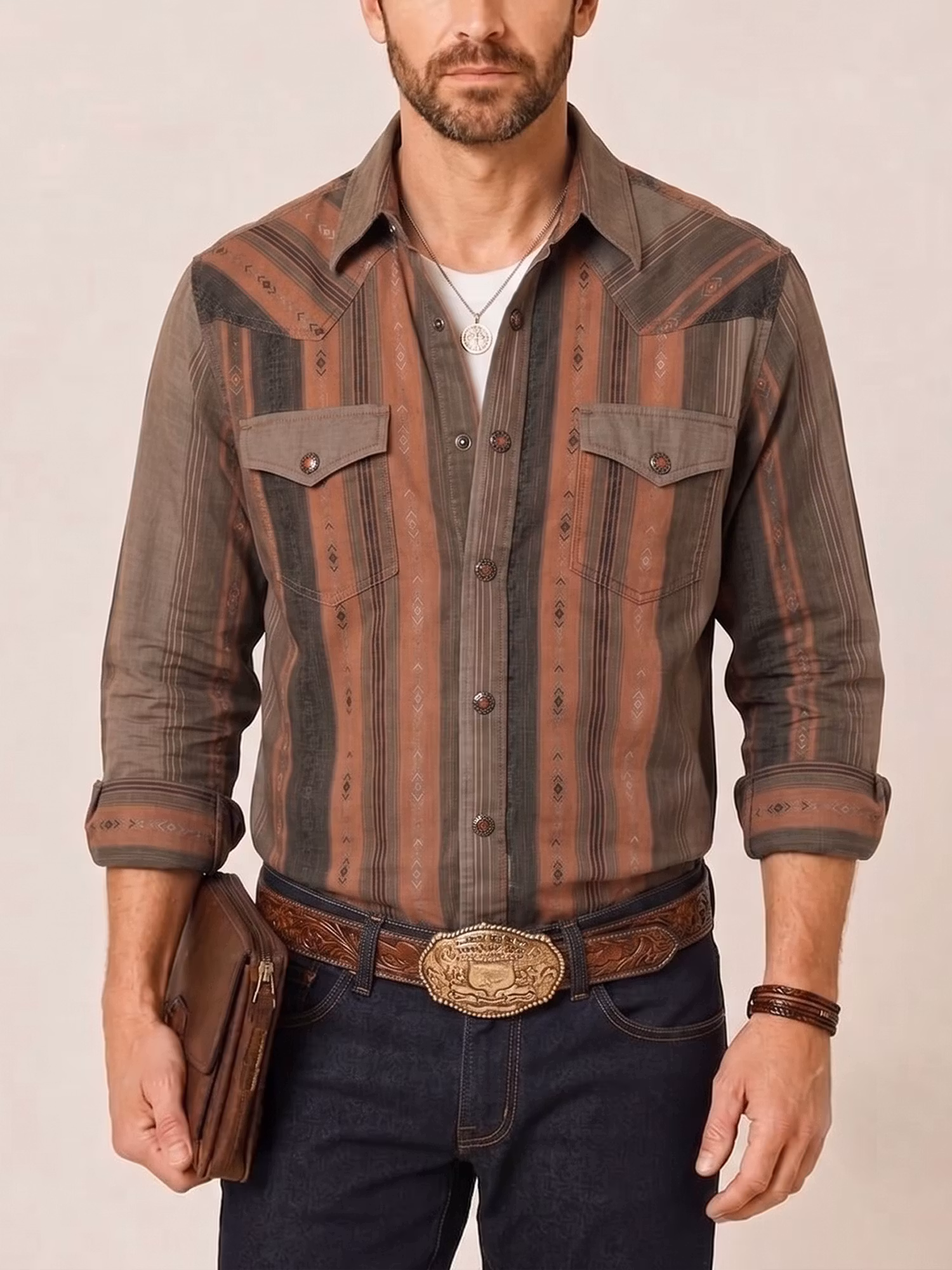 Western Outfits — Earthy Ombre Aztec Totem Stripe Premium Poplin Blouse