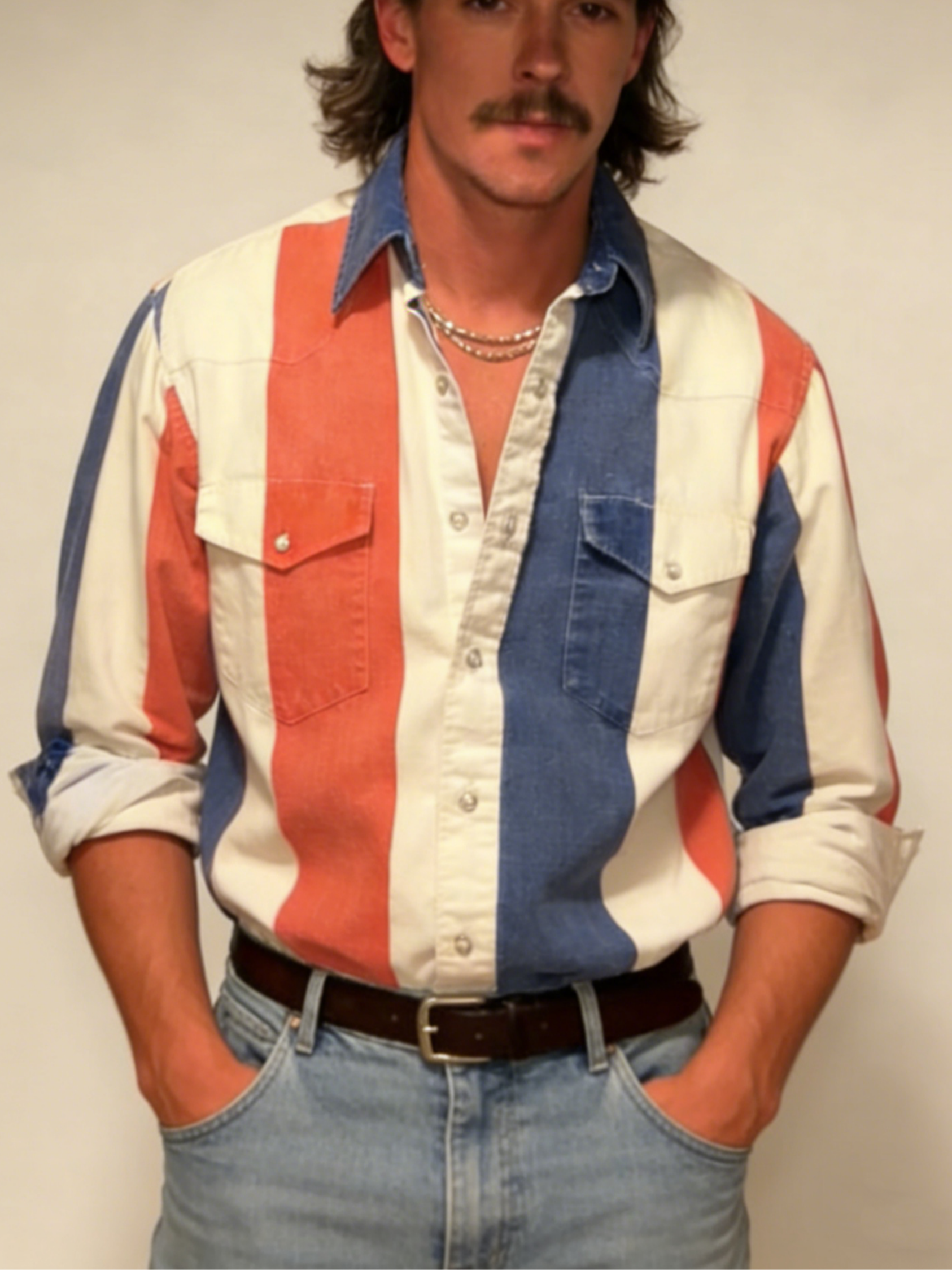 Men's Casual Western Blue White Orange Striped Long Sleeve Shirt