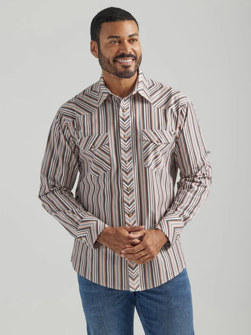 Retro Warm Tone Striped Western Shirt For Men