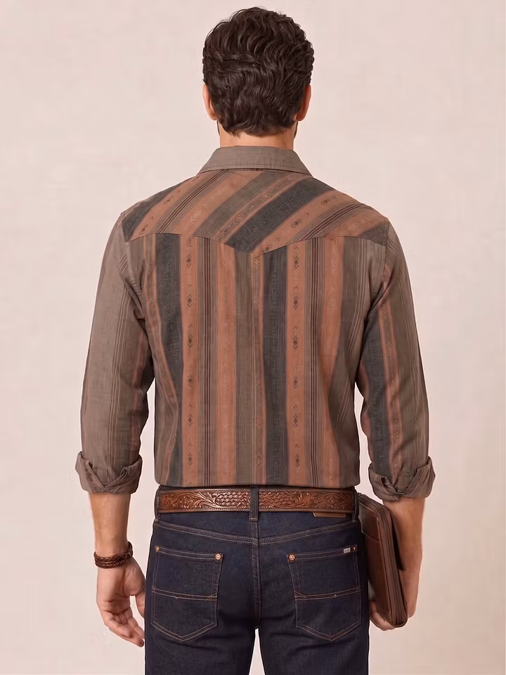 Western Outfits — Earthy Ombre Aztec Totem Stripe Premium Poplin Blouse