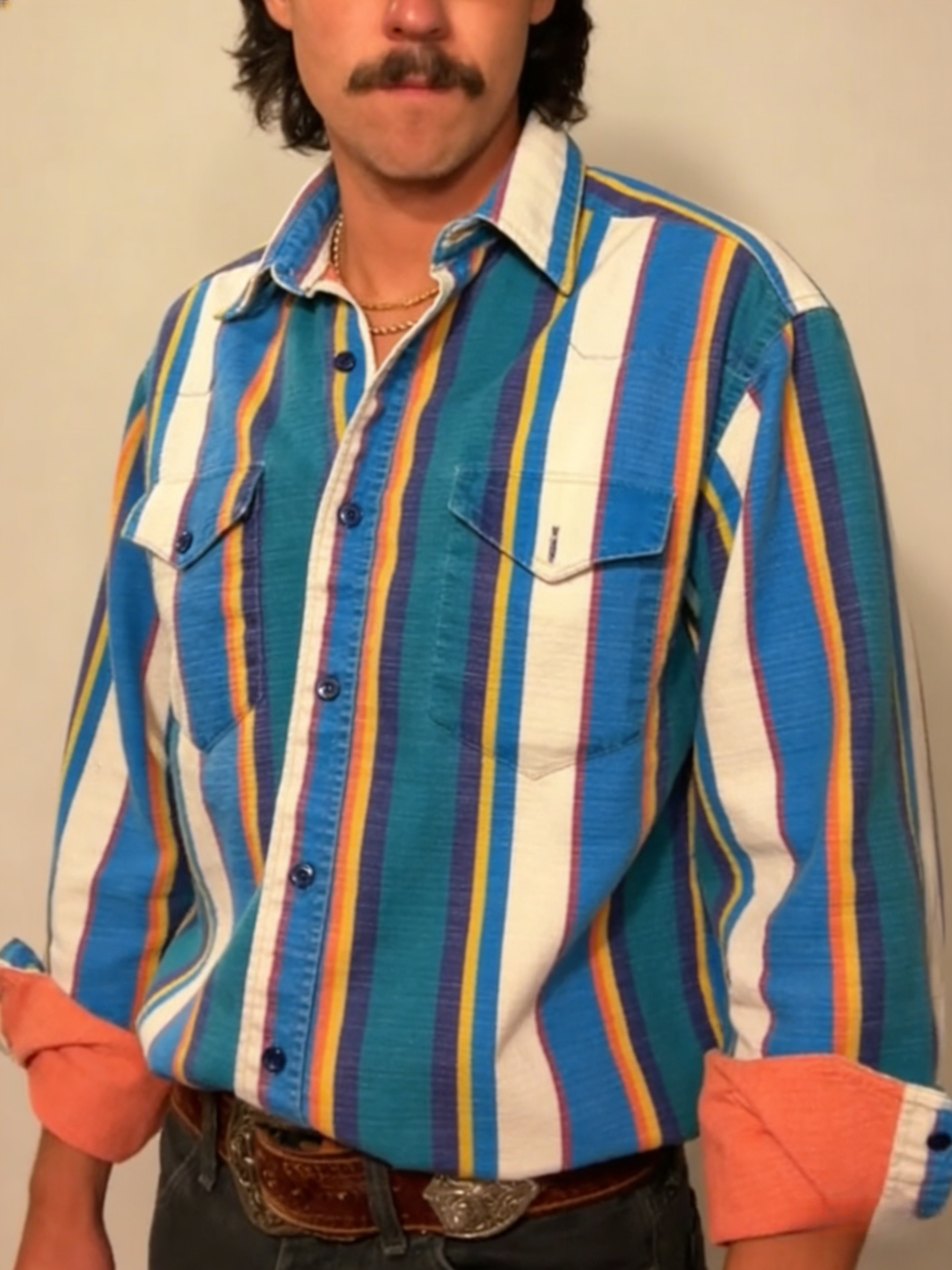 Men's Casual Western Blue and White Striped Long Sleeve Shirt