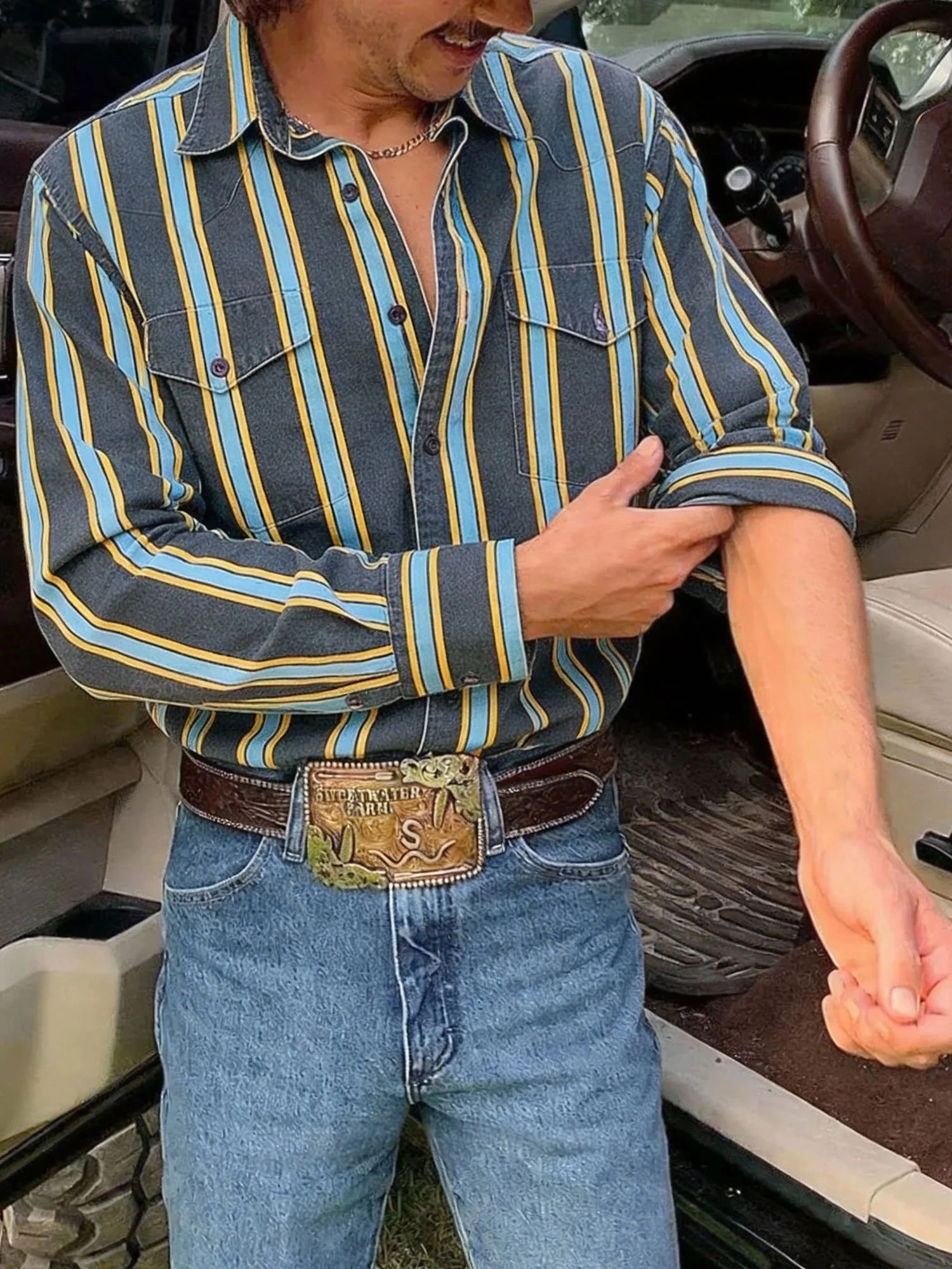 Men'S Western-Style Casual Black And Blue Striped Shirt