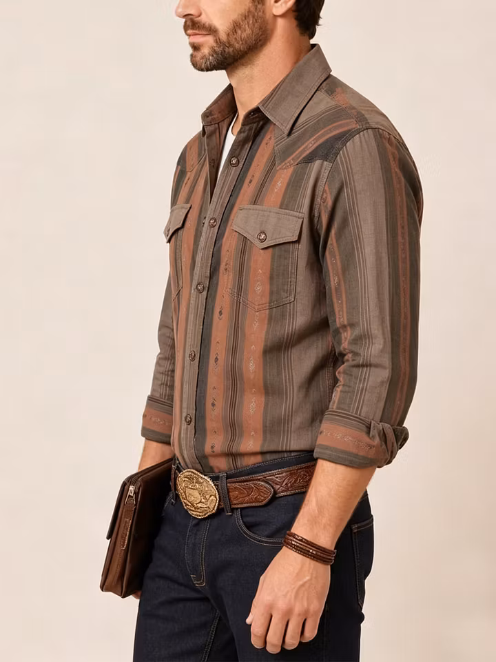 Western Outfits — Earthy Ombre Aztec Totem Stripe Premium Poplin Blouse