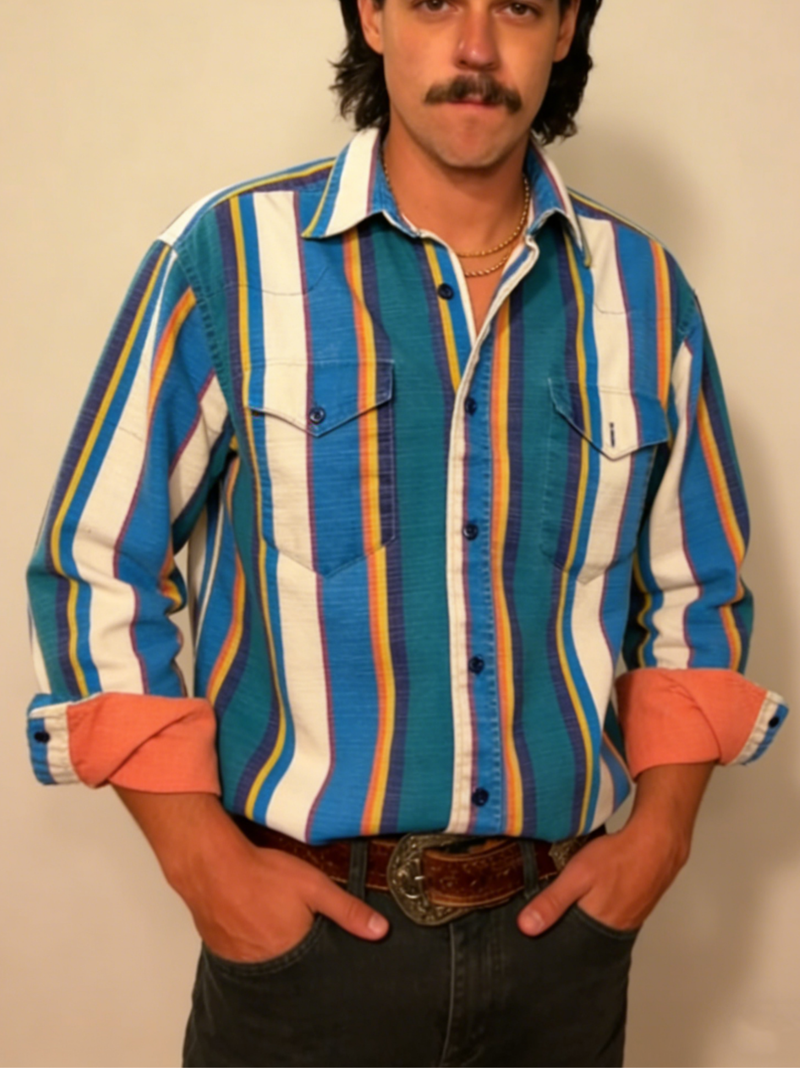 Men's Casual Western Blue and White Striped Long Sleeve Shirt