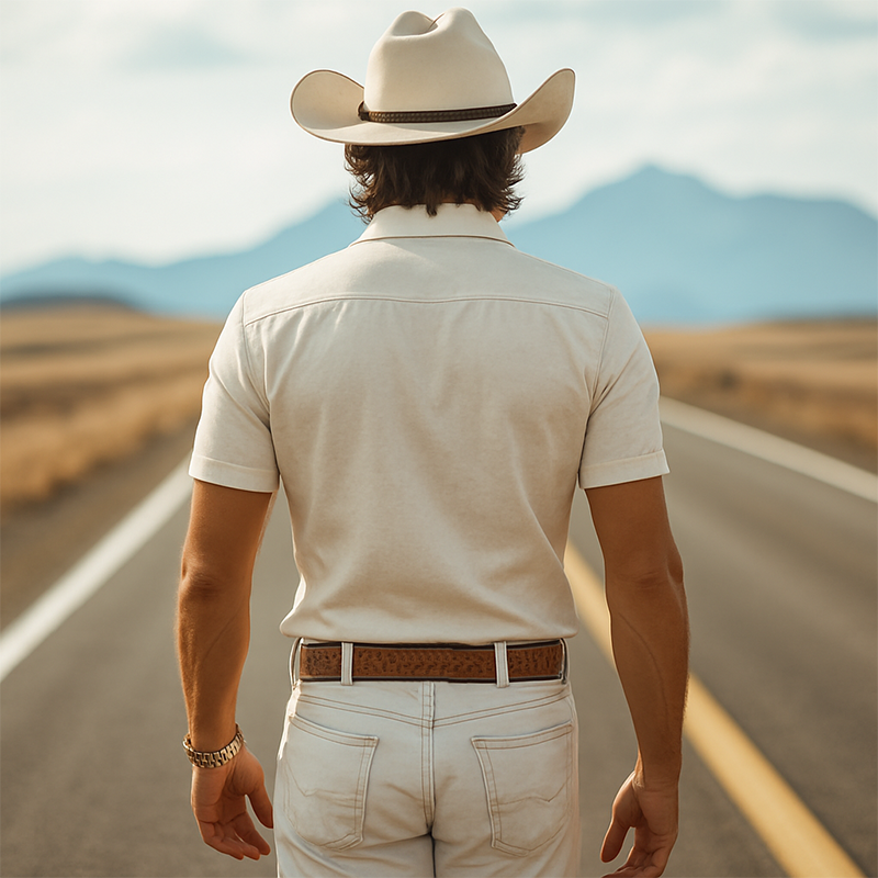 Men's Spring And Summer New Fashion Retro Western Cowboy Style Suede Embroidery Slim Lapel Short-Sleeved Shirt MTA0964E1K