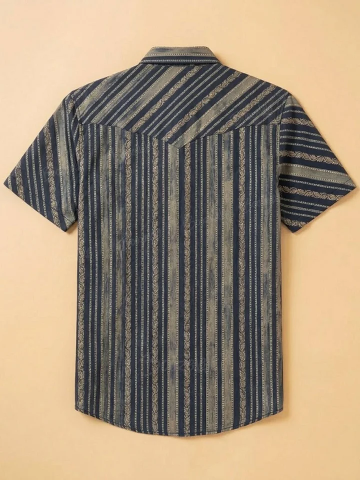 Navy Blue Vintage Stripe Printed Western Shirt