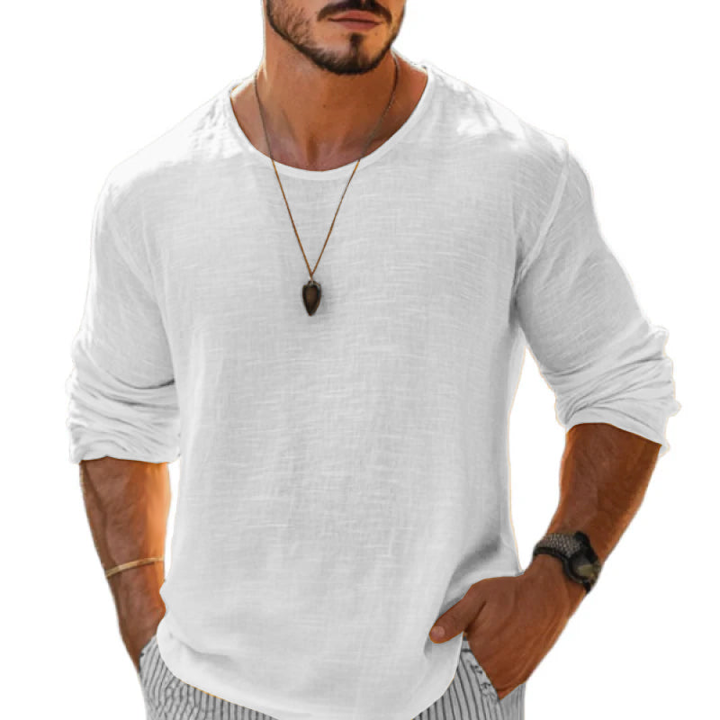 Men's Casual Cotton Linen Round Neck Loose Long Sleeve T-Shirt MTA1461C1M