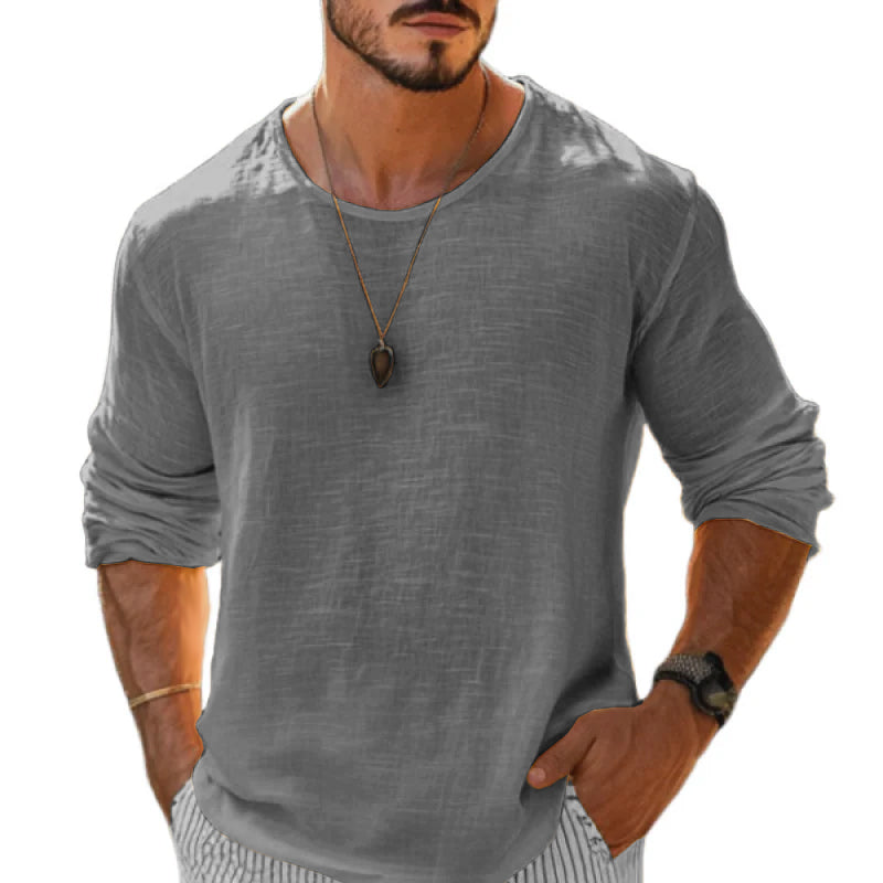 Men's Casual Cotton Linen Round Neck Loose Long Sleeve T-Shirt MTA1461C1M