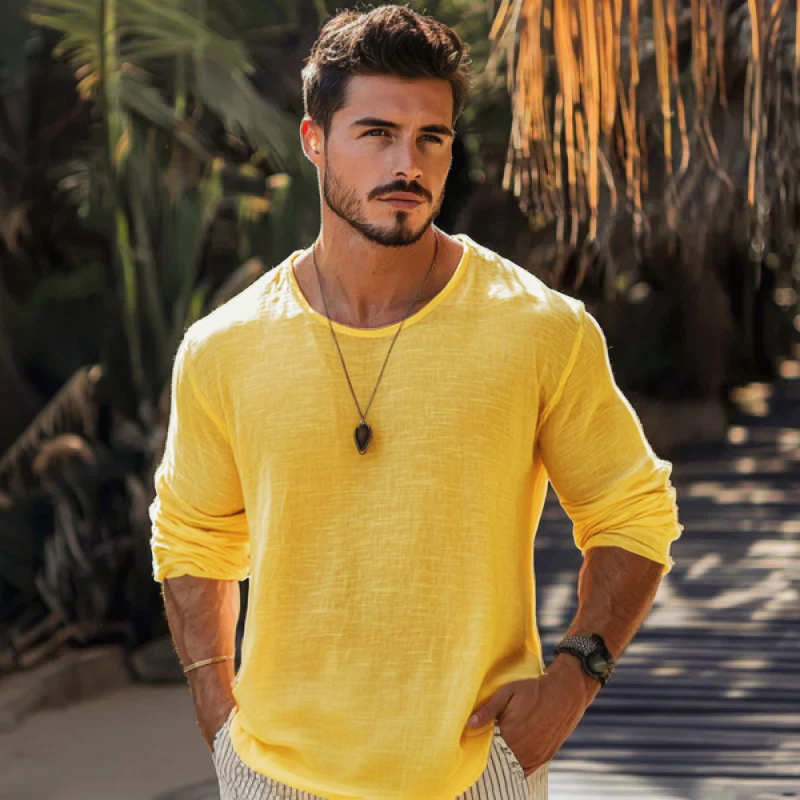Men's Casual Cotton Linen Round Neck Loose Long Sleeve T-Shirt MTA1461C1M
