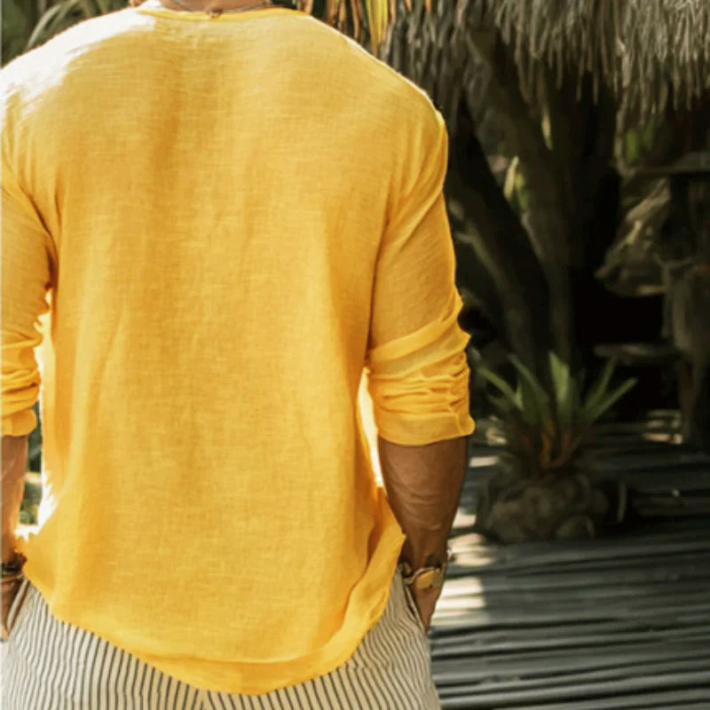 Men's Casual Cotton Linen Round Neck Loose Long Sleeve T-Shirt MTA1461C1M