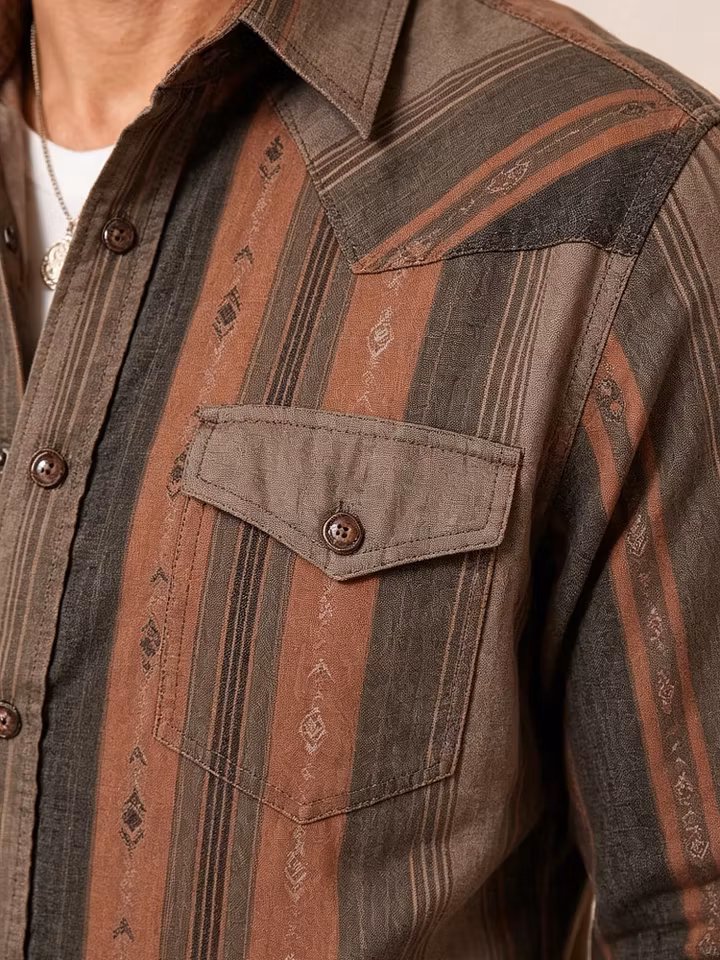 Western Outfits — Earthy Ombre Aztec Totem Stripe Premium Poplin Blouse