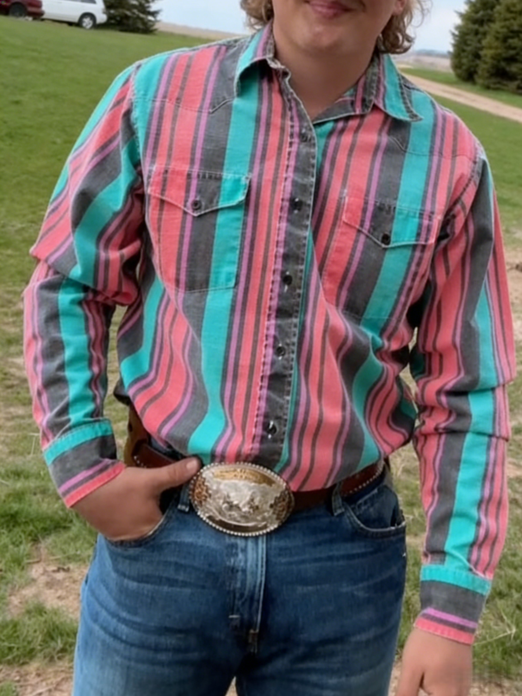 Men's Fashion Western Green and Red Striped Long Sleeve Shirt