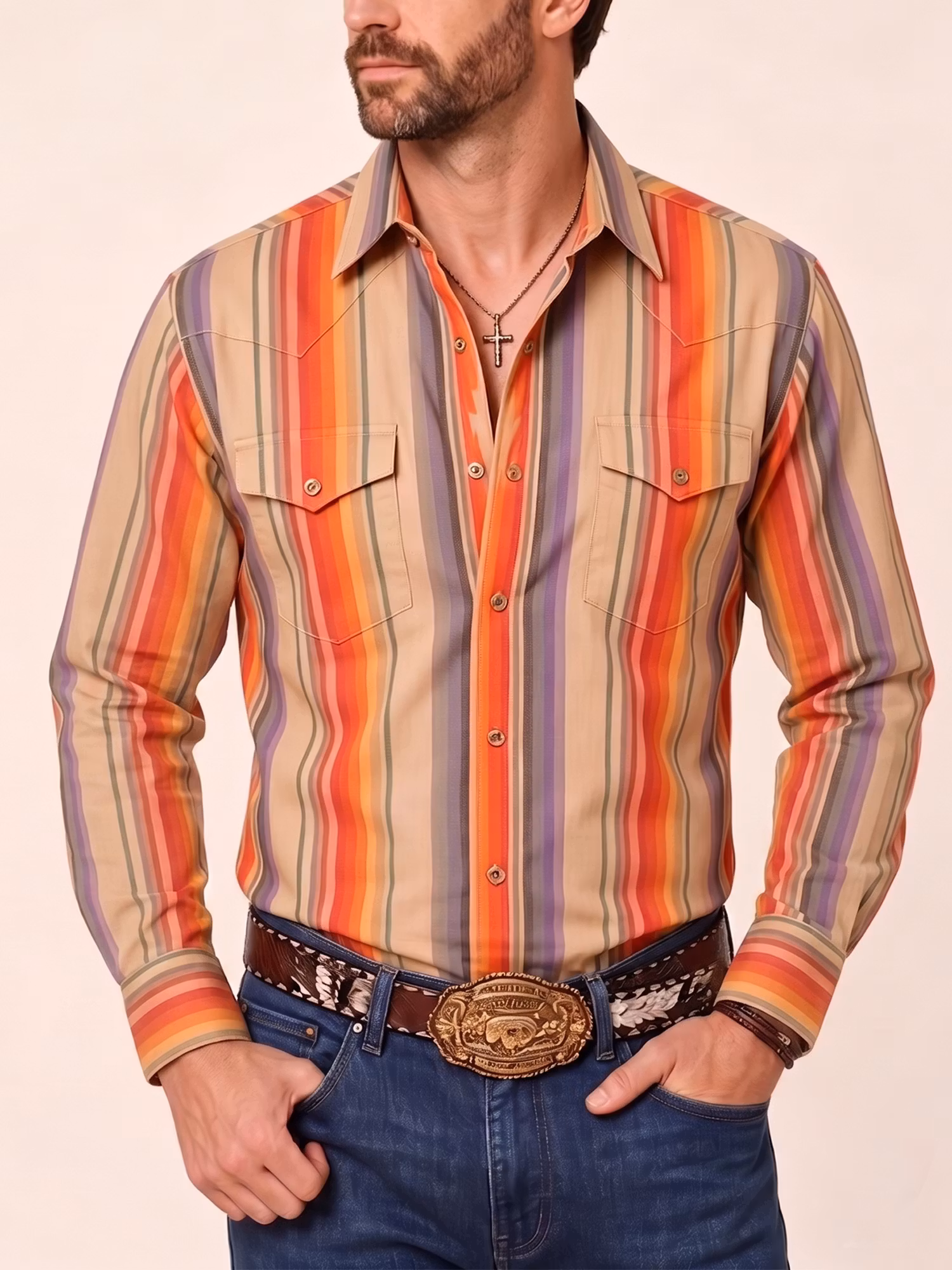 Western Outfits — Sunset Multi Serape Stripe Cotton Poplin Blouse