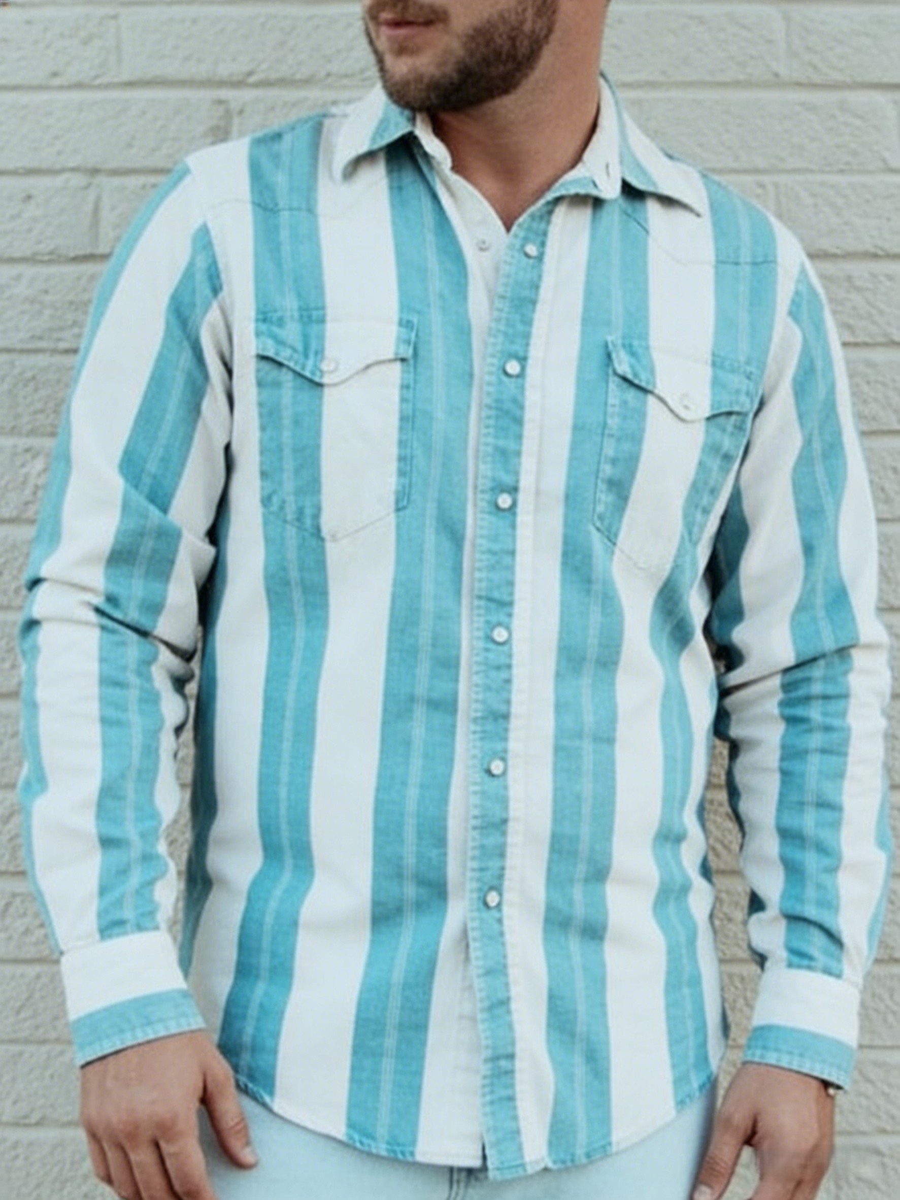 Men's Vintage Blue and White Stripe Print Shirt