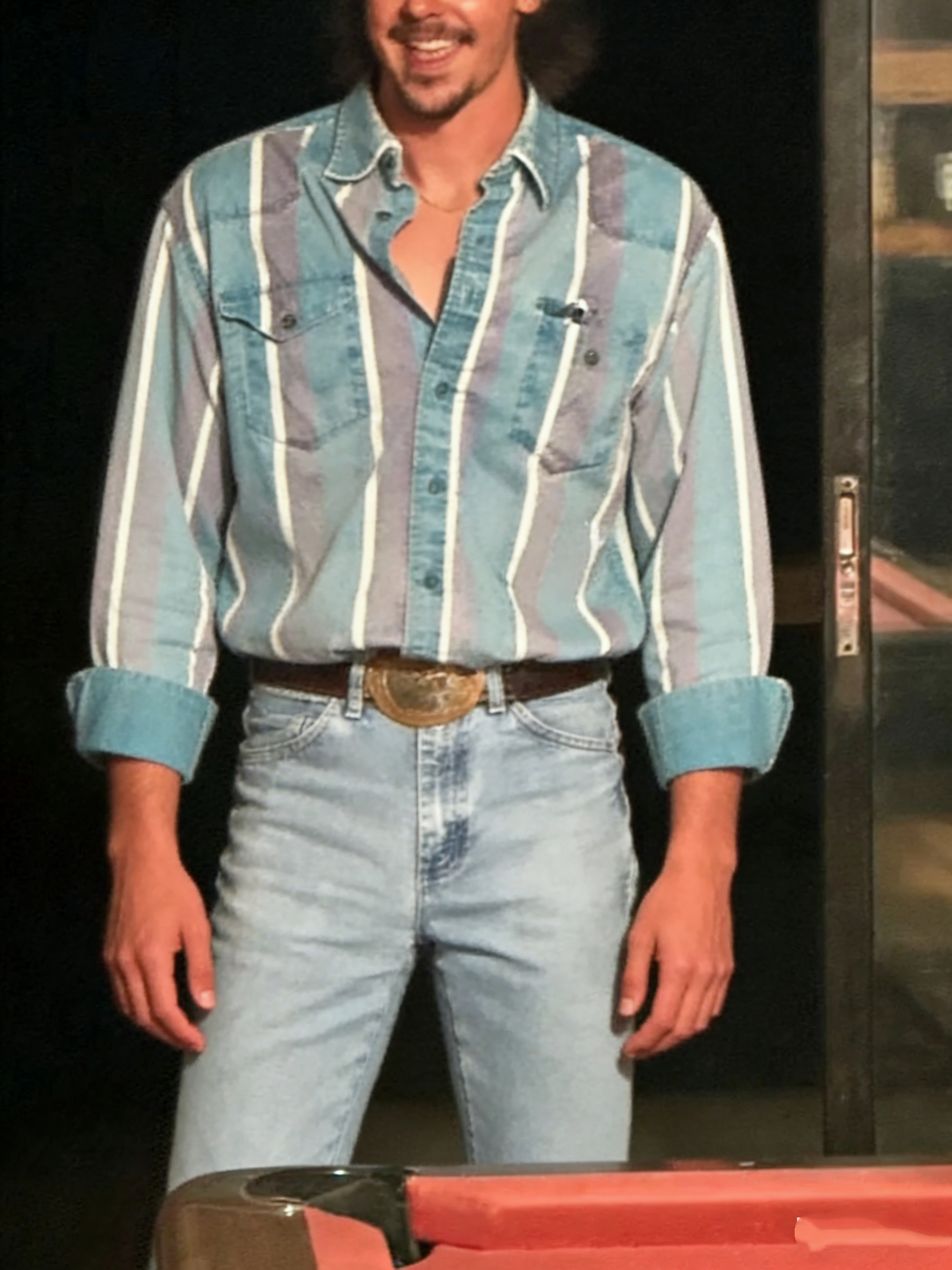 Men's Western Casual Green Striped Shirt