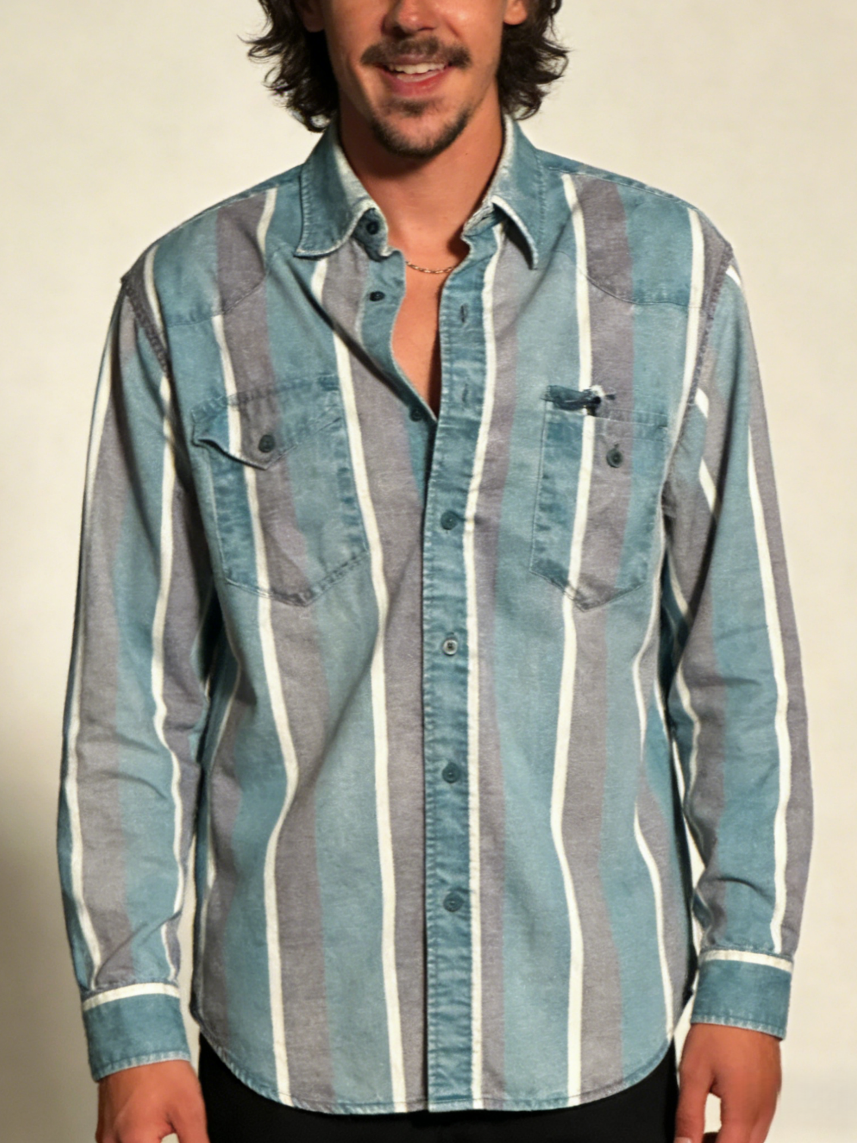 Men's Western Casual Green Striped Shirt