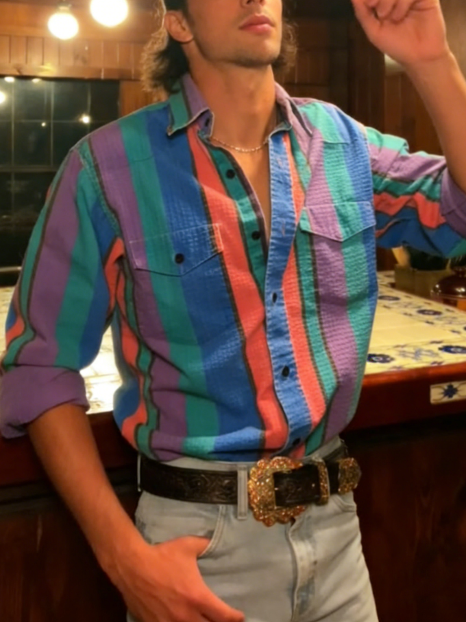 Men's Western Casual Green Blue Striped Shirt