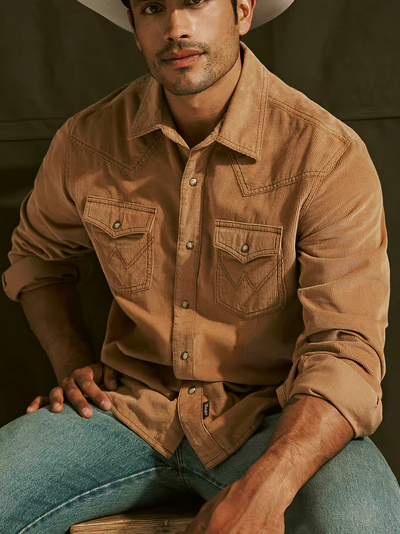 Men's Casual Tan Corduroy Western Cowboy Shirt