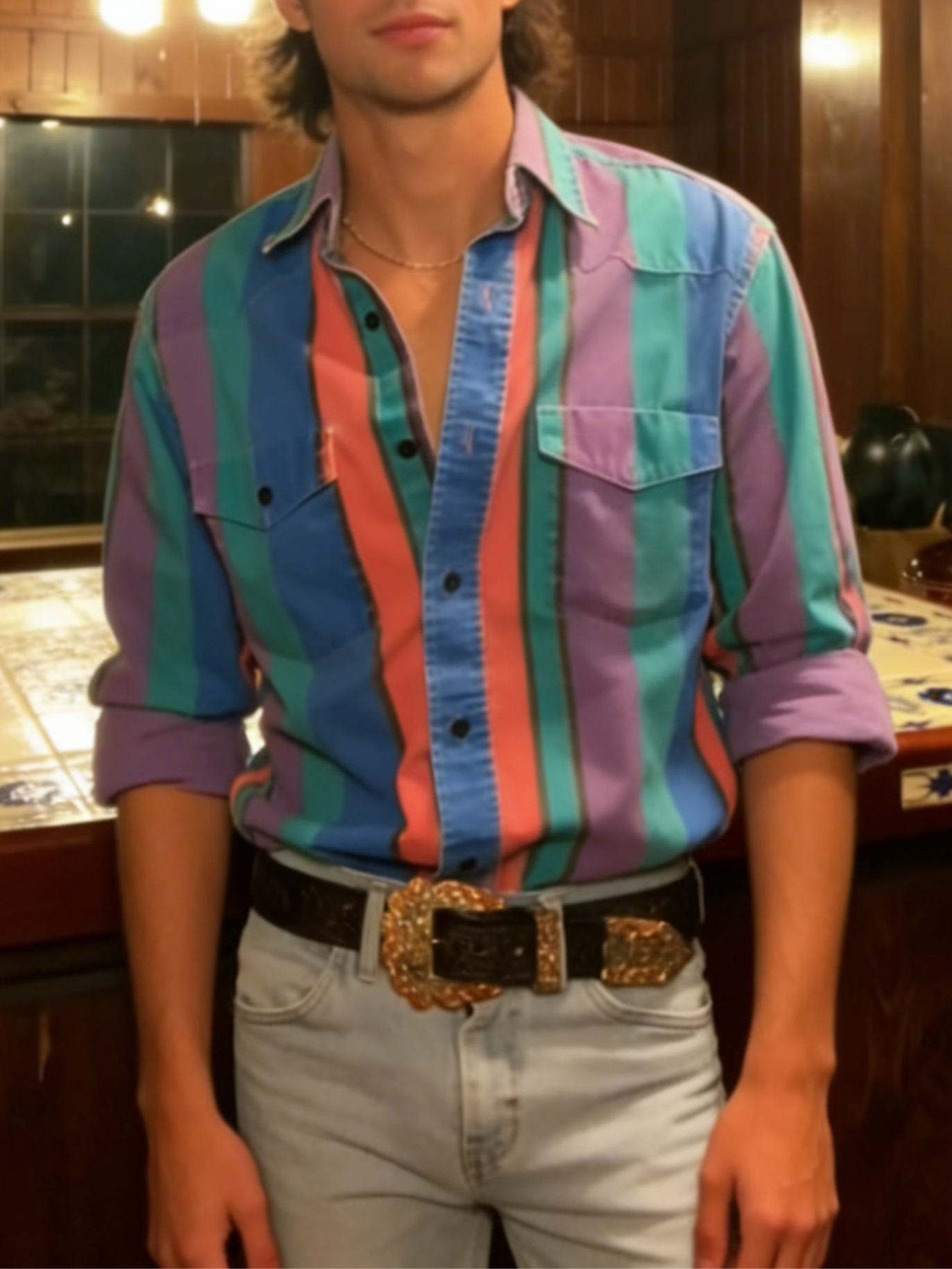 Men's Western Casual Green Blue Striped Shirt