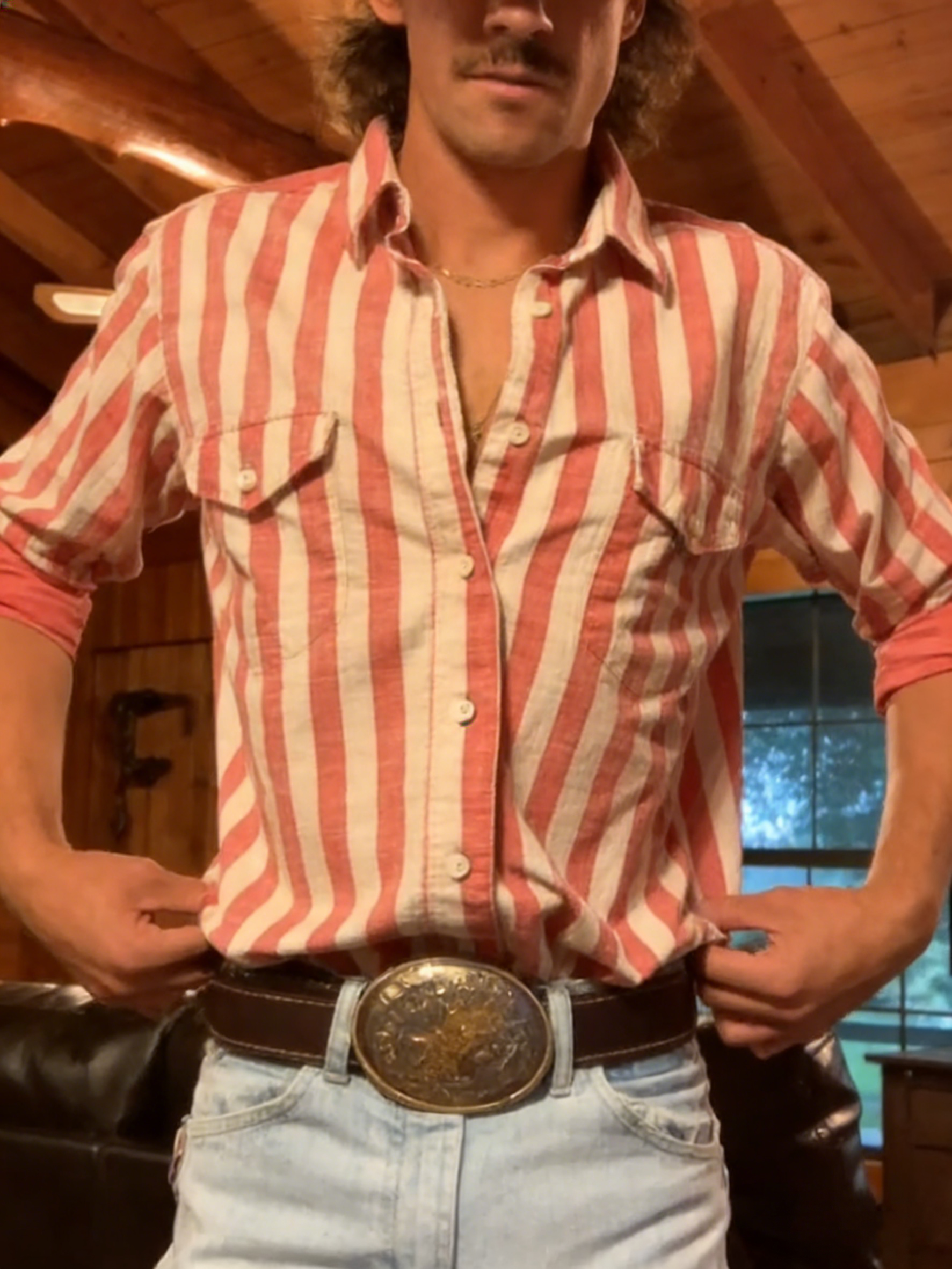 Men's Western Casual Orange White Striped Shirt