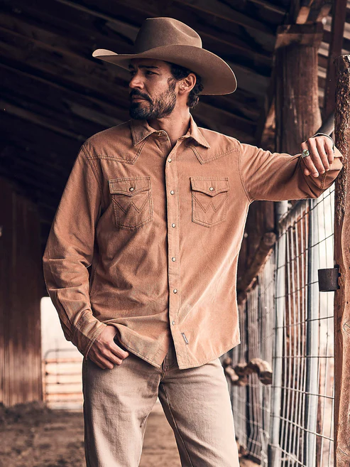 Men's Casual Tan Corduroy Western Cowboy Shirt