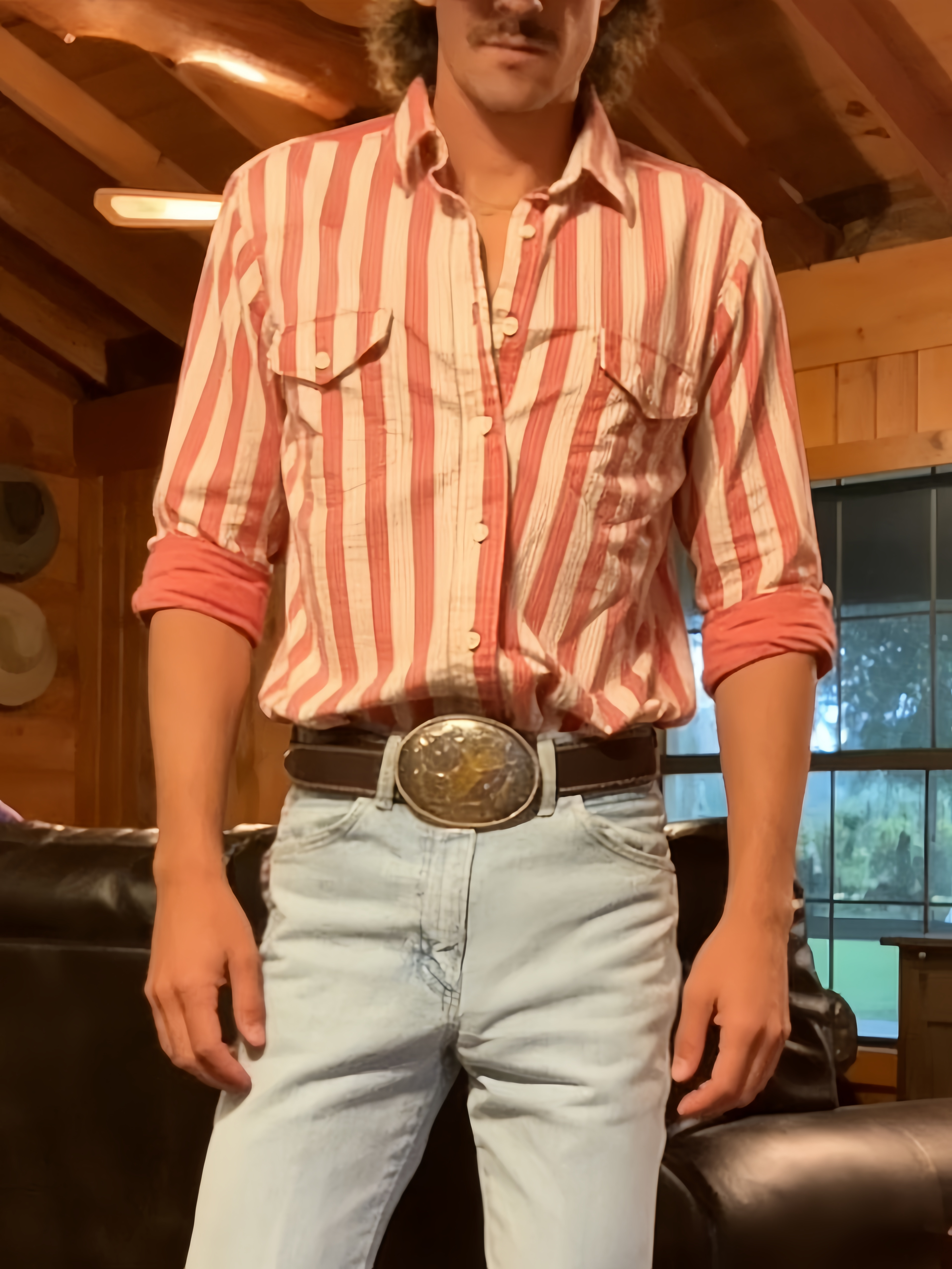 Men's Western Casual Orange White Striped Shirt