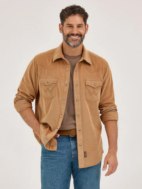Men's Casual Tan Corduroy Western Cowboy Shirt