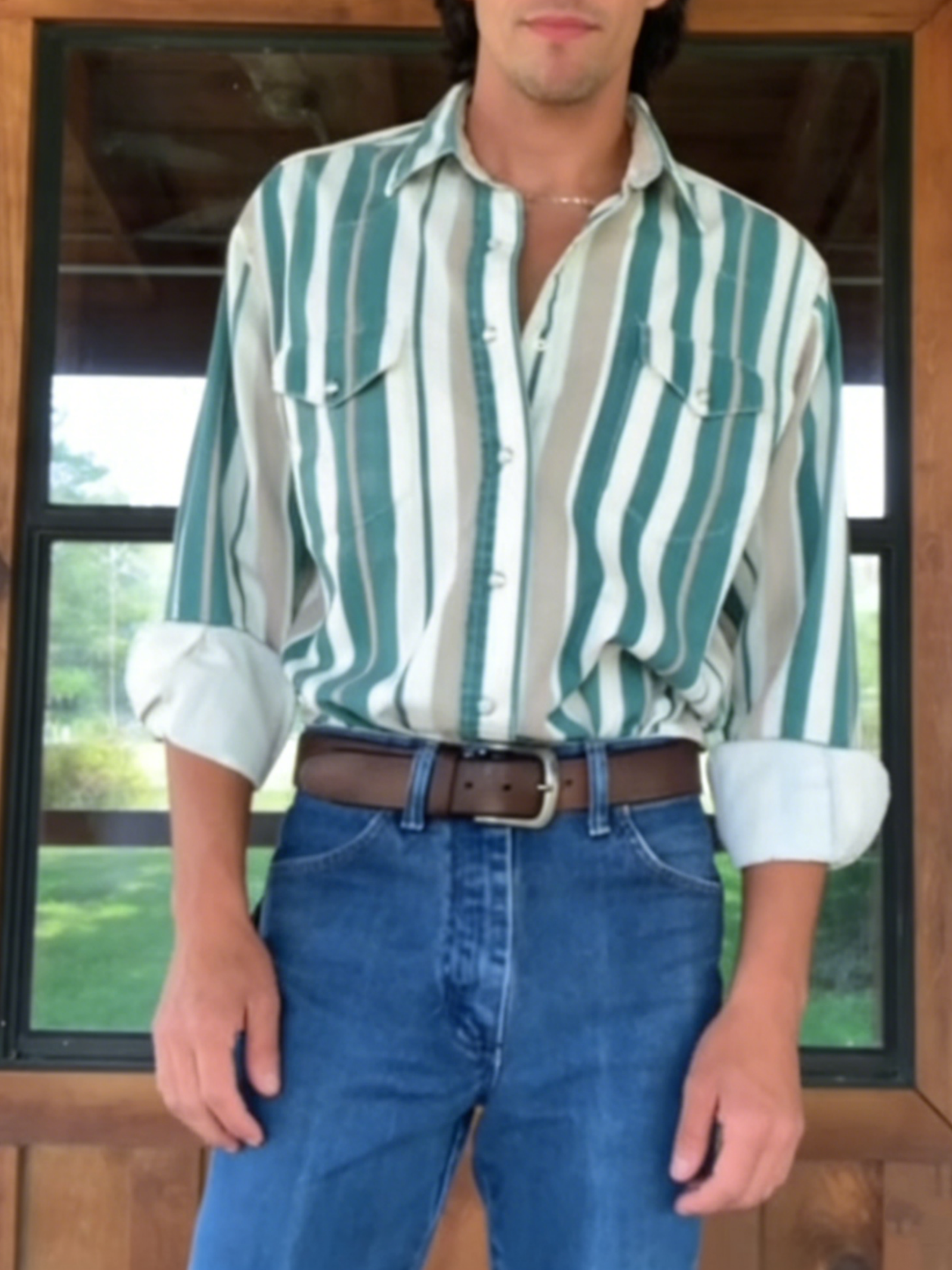 Men's Western Casual Green White Striped Shirt