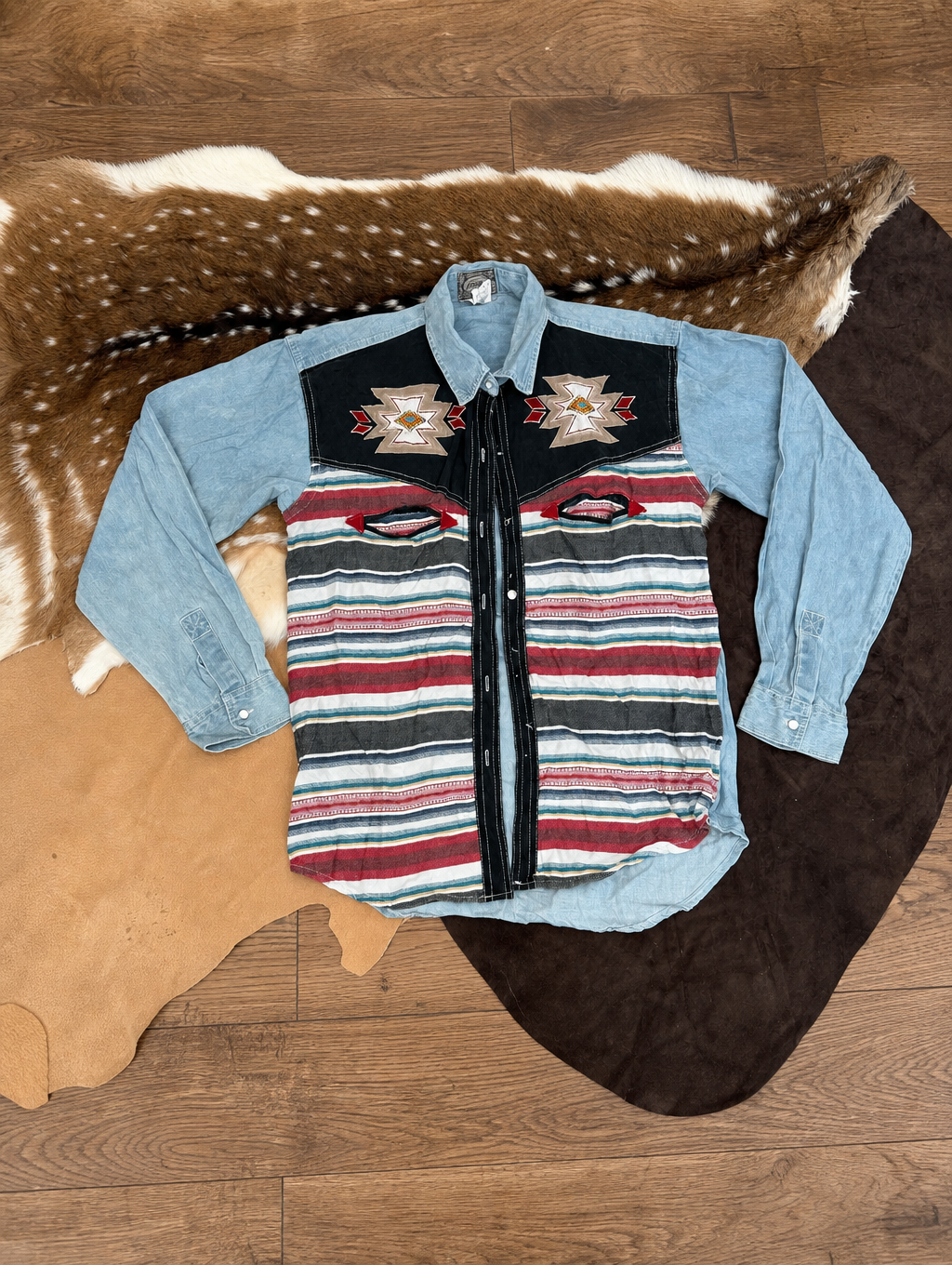 Retro Denim Panel Navajo Print Western Long Sleeve Button‑Up Shirt