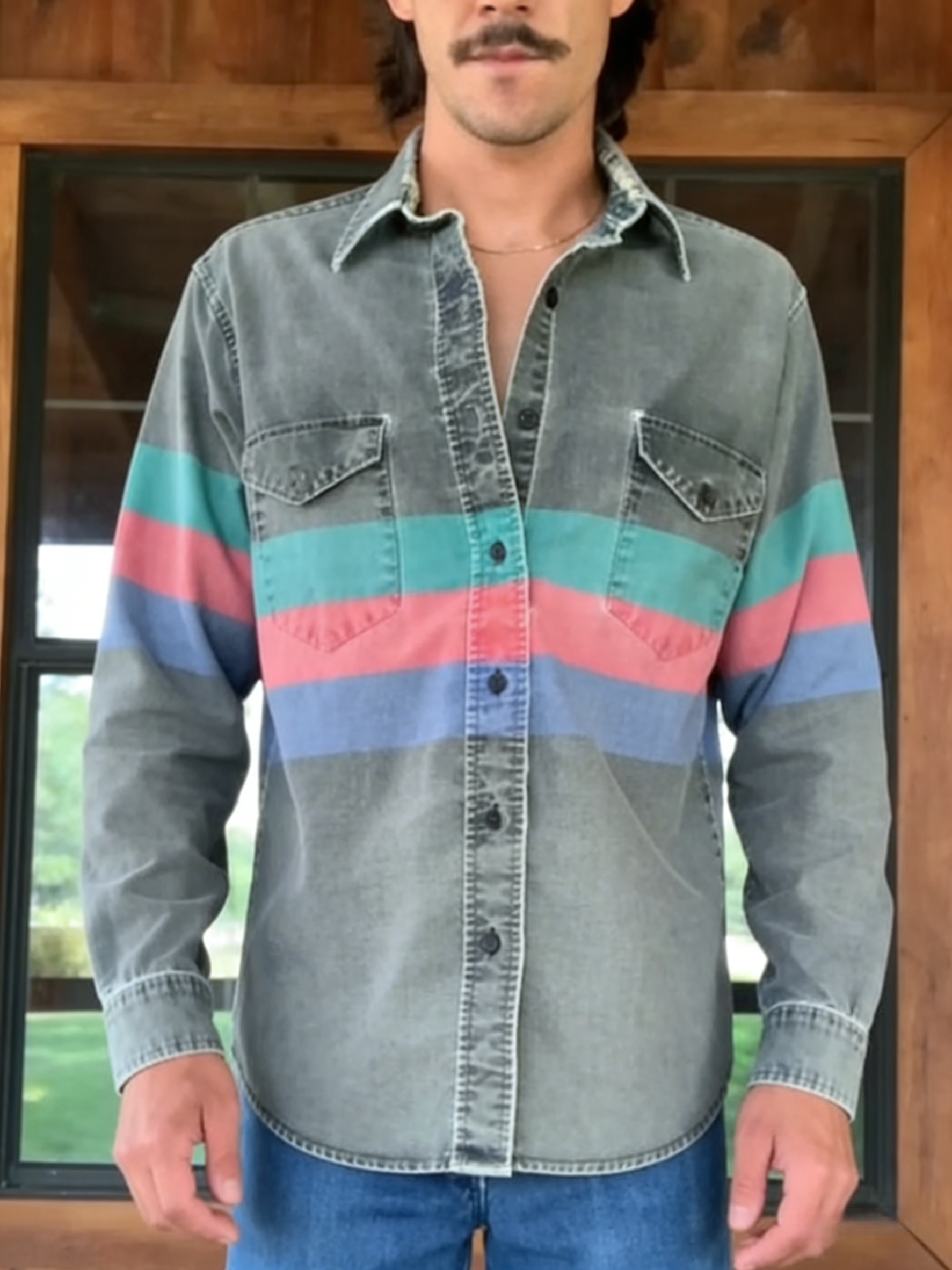 Men's Western Casual Green Red Striped Shirt