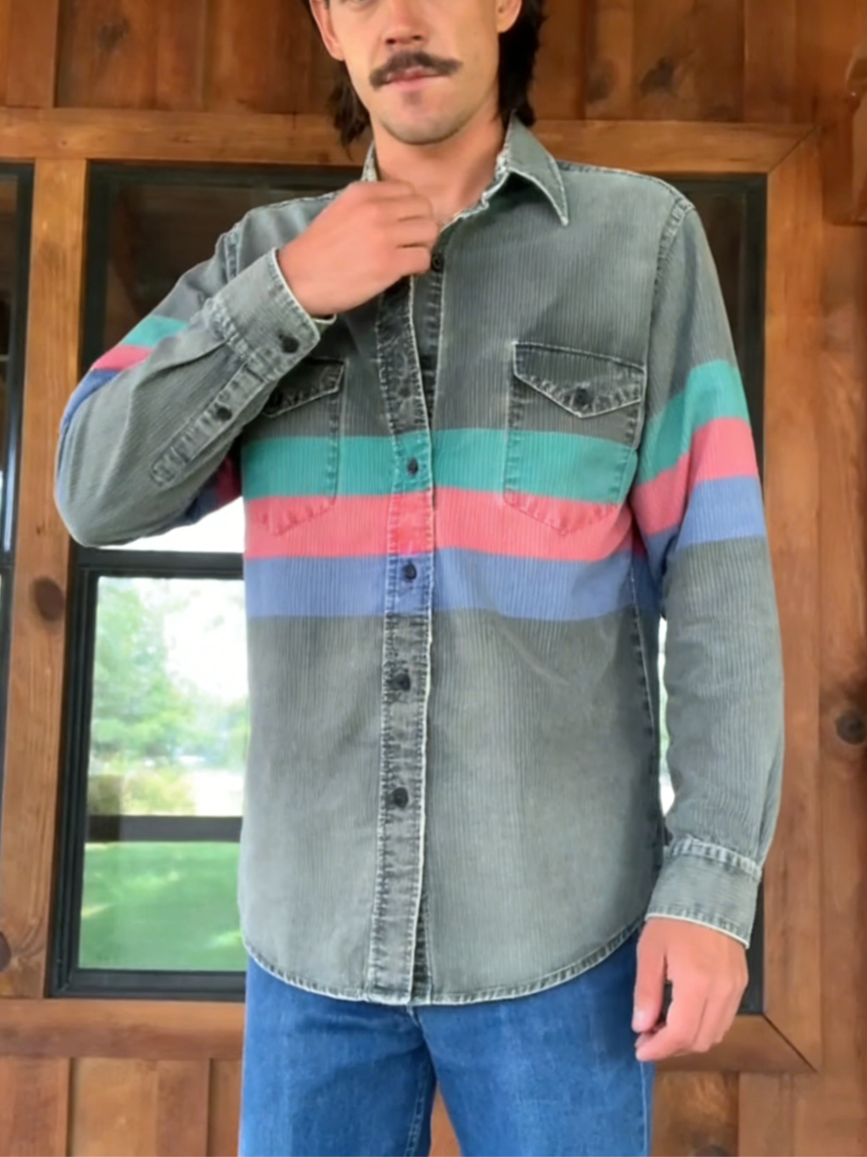Men's Western Casual Green Red Striped Shirt