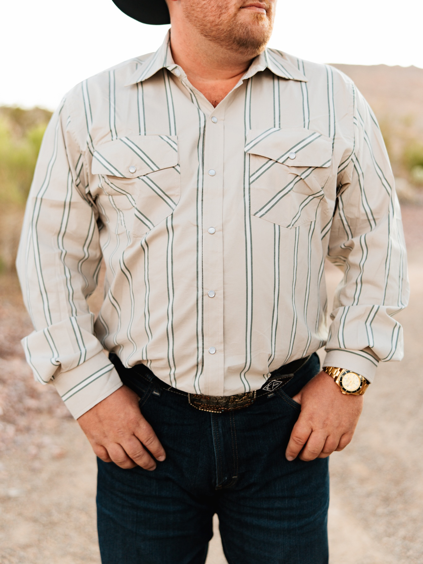 Vintage Beige Green Striped Western Cowboy Shirt