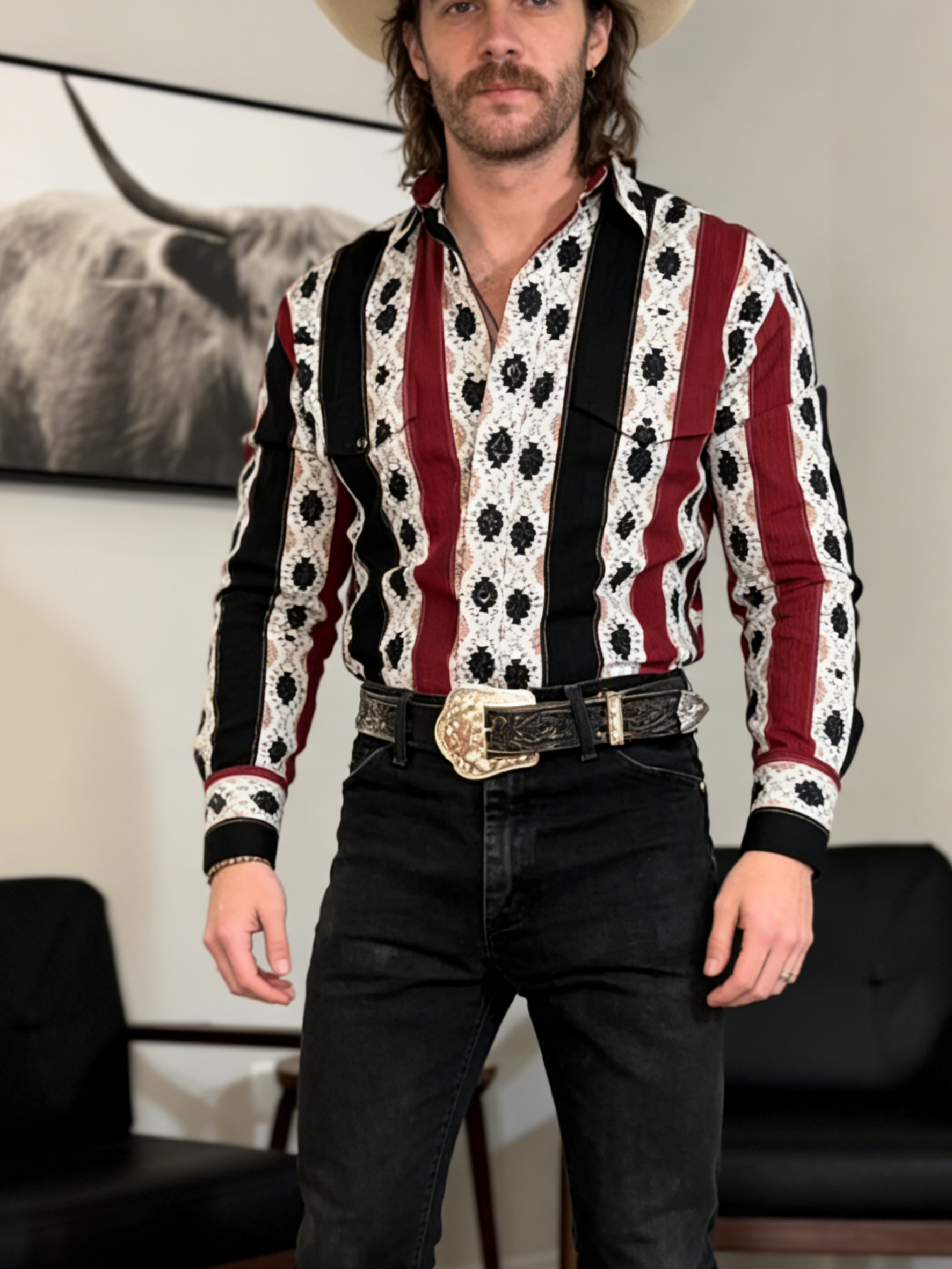 Men's Casual Retro Red and Blue Striped Long Sleeve Shirt