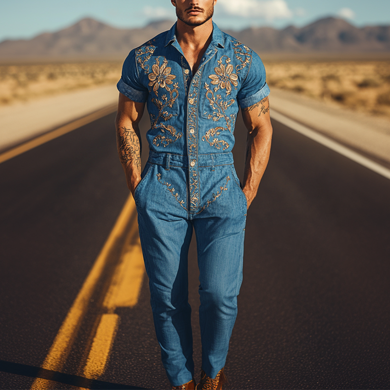 Men's Summer Fashion Casual Classic Western Style Tencel Denim Embroidered Jumpsuit MTA1244D2K