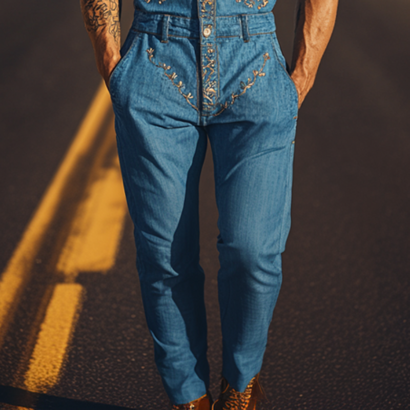 Men's Summer Fashion Casual Classic Western Style Tencel Denim Embroidered Jumpsuit MTA1244D2K