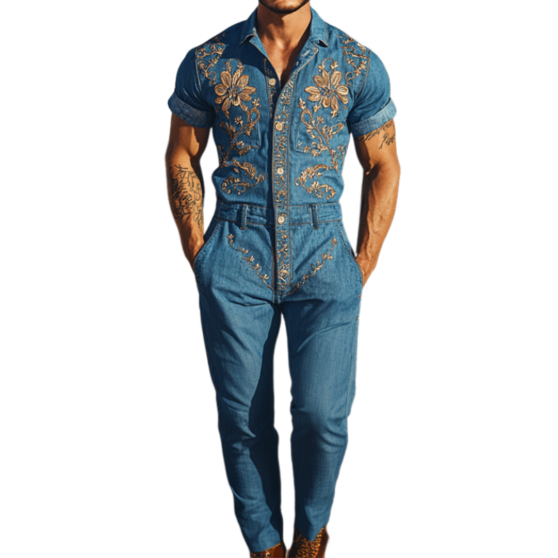 Men's Summer Fashion Casual Classic Western Style Tencel Denim Embroidered Jumpsuit MTA1244D2K