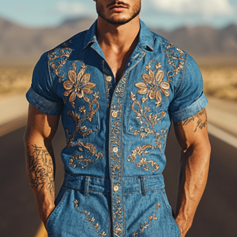 Men's Summer Fashion Casual Classic Western Style Tencel Denim Embroidered Jumpsuit MTA1244D2K