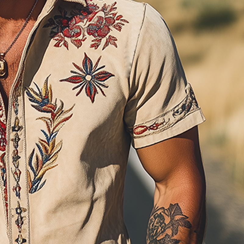Men's Spring/Summer Fashion Retro Western Style Suede Embroidered Short Sleeve Shirt MTA1533D2K