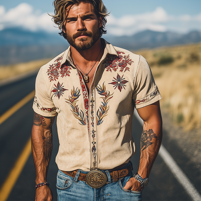 Men's Spring/Summer Fashion Retro Western Style Suede Embroidered Short Sleeve Shirt MTA1533D2K