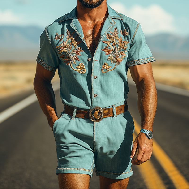 Men's Summer Fashion Casual Retro Western Style Tencel Denim Embroidery Jumpsuit (Without Belt) MTA1721D4K
