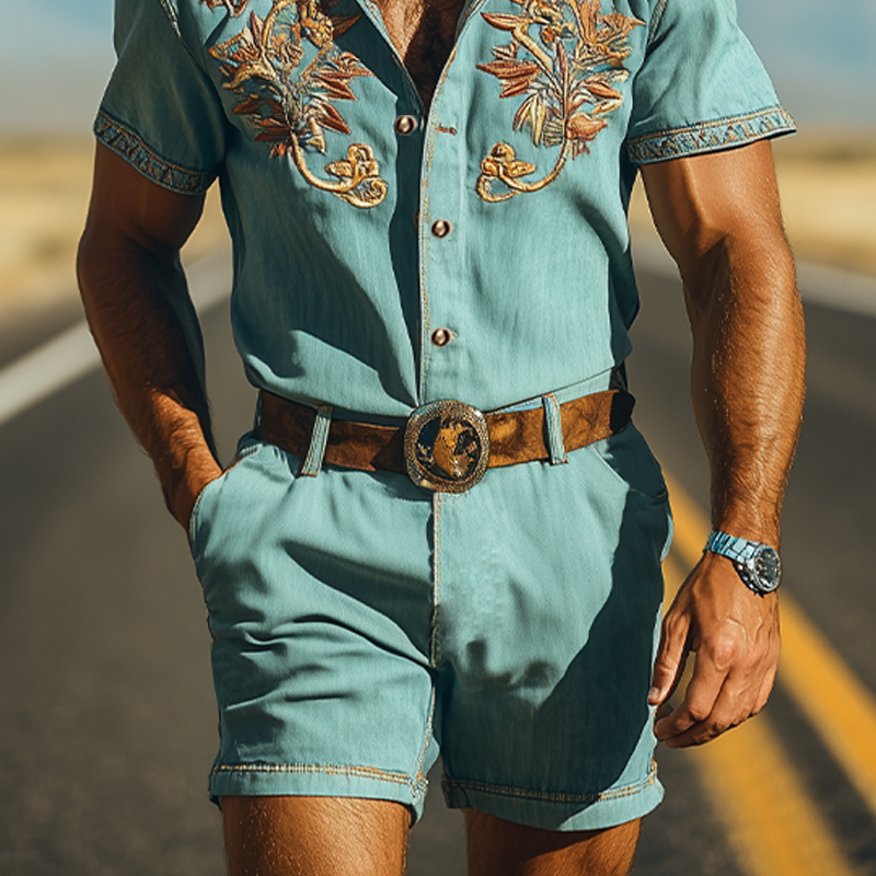 Men's Summer Fashion Casual Retro Western Style Tencel Denim Embroidery Jumpsuit (Without Belt) MTA1721D4K