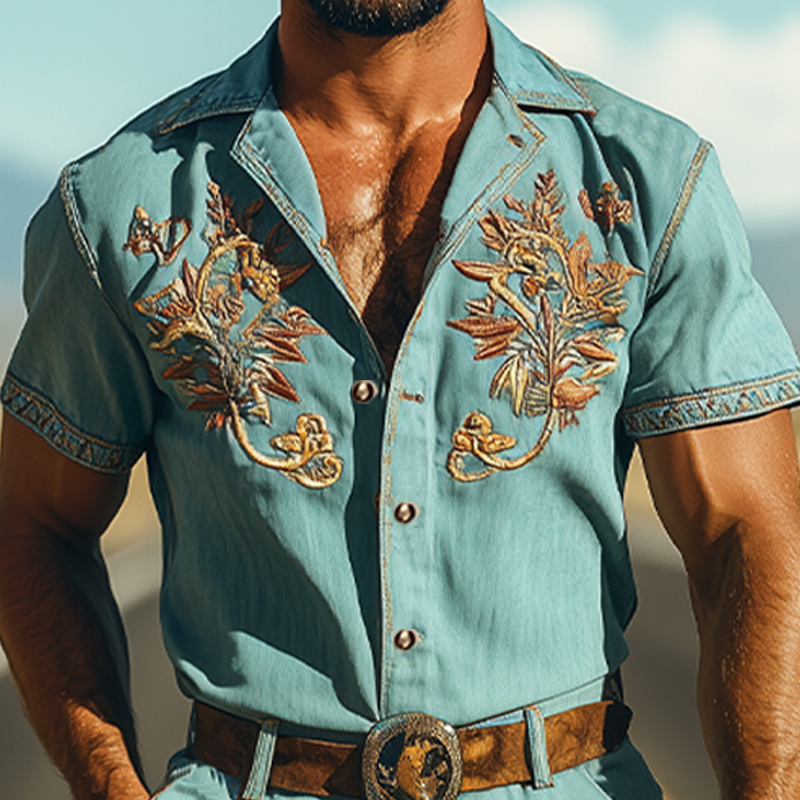 Men's Summer Fashion Casual Retro Western Style Tencel Denim Embroidery Jumpsuit (Without Belt) MTA1721D4K